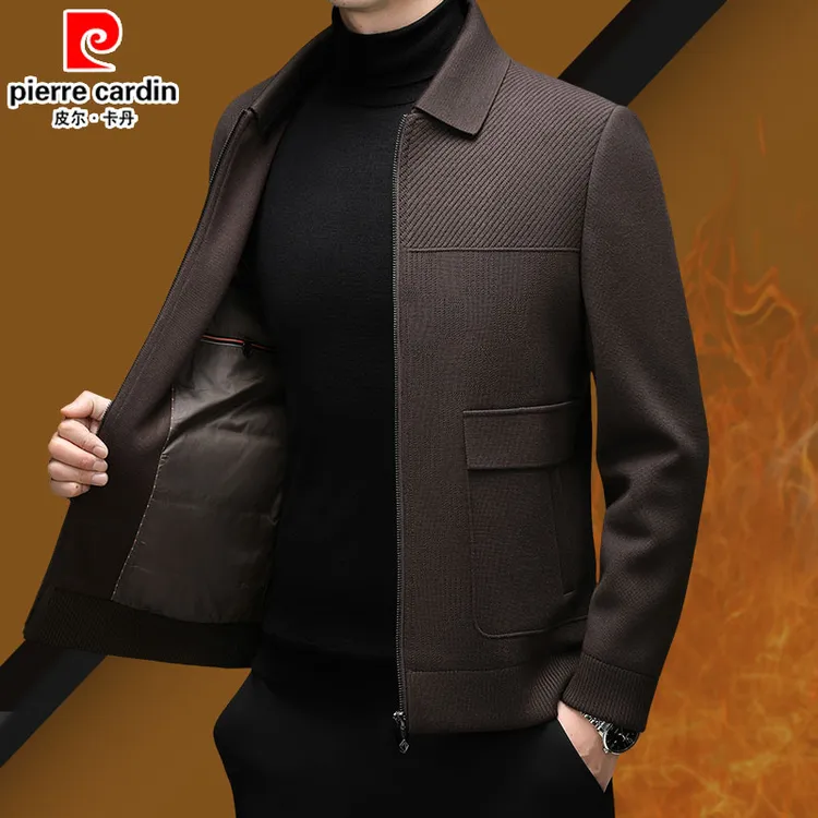 皮尔卡丹男士秋冬春秋厚款外套加绒高档翻领行政高端时尚休闲夹克