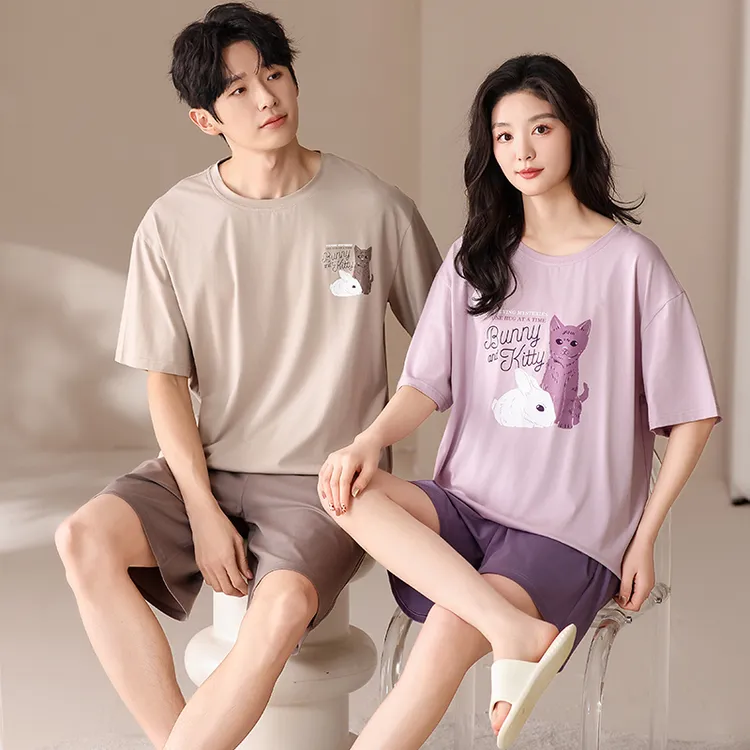 情侣睡衣短袖短裤夏季休闲简约莫代尔薄款夏天男女圆领居家服套装