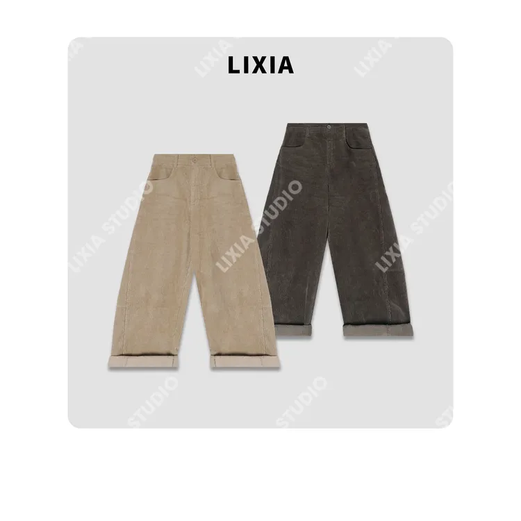 LIXIA【喀纳斯】简约风慵懒感纯棉抓绒灯芯绒休闲九分弯刀裤-D10159