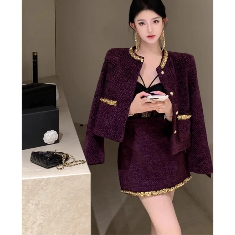 小香风套装法式富家千金名媛高级黑色亮片毛呢西装外套女秋冬新款