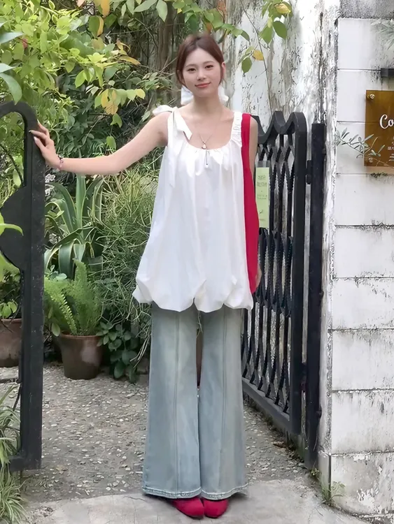 2025夏季款韩系甜美穿搭法式无袖遮肉花苞连衣裙高腰牛仔裤两件套