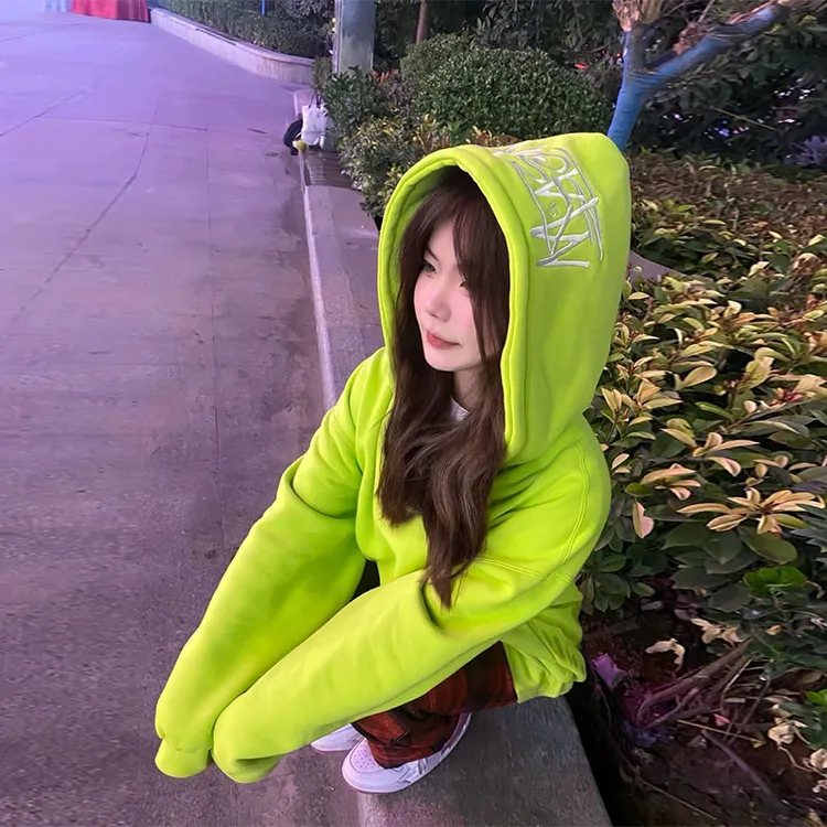 美式chic慵懒字母刺绣加绒连帽卫衣女秋冬季宽松加厚情侣外套上衣