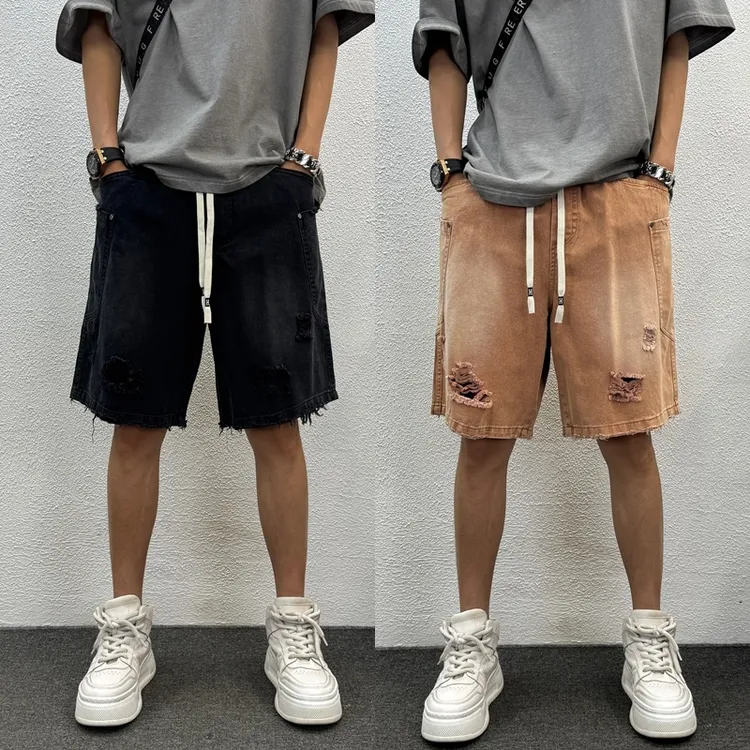 磨毛短裤美式工装男夏季破洞裤潮牌牛仔直筒宽松休闲五分男款裤子