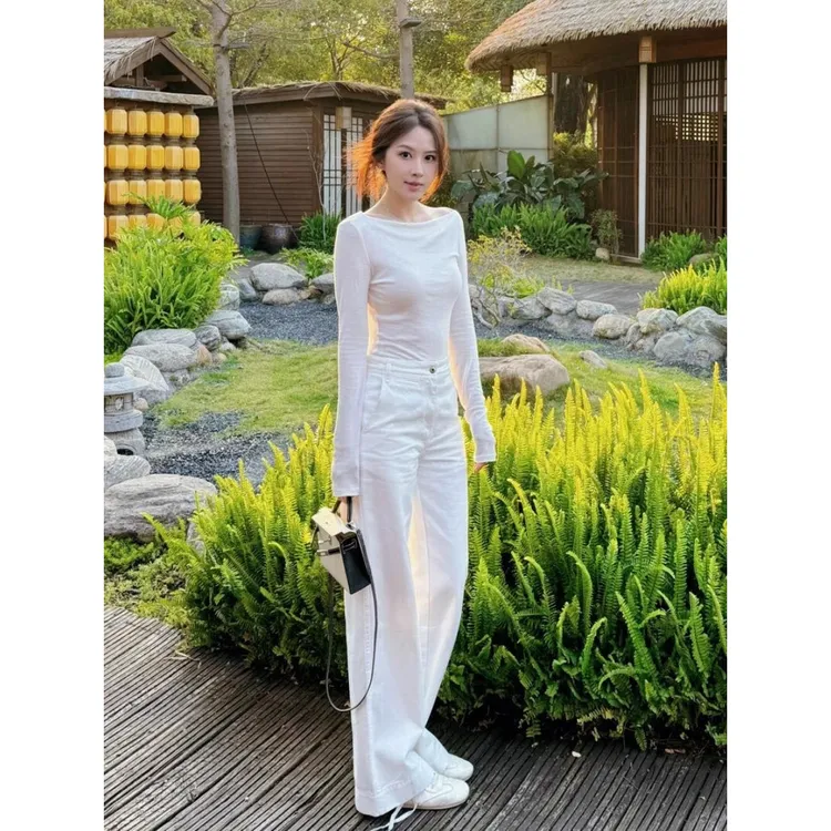 设计感白色薄款长袖上衣女2025新款秋季小个子阔腿裤打底衫两件套