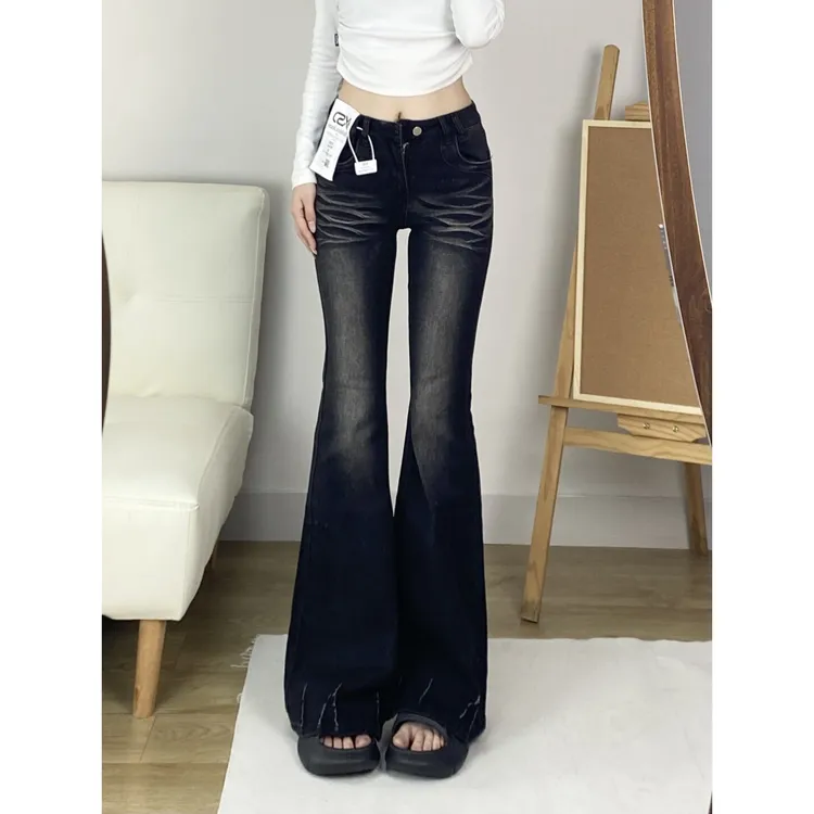 黑色微喇牛仔裤女秋冬2025新款加绒高腰显瘦小个子阔腿拖地喇叭裤