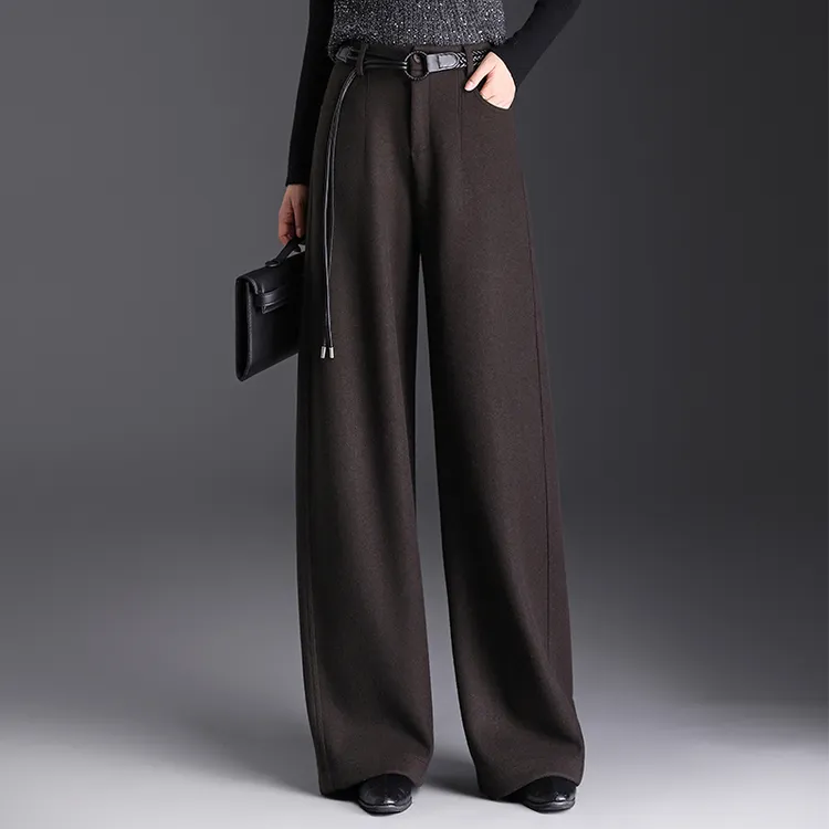 专柜正品2025冬季女士羊毛休闲阔腿裤腰带设计高腰百搭舒适柔软