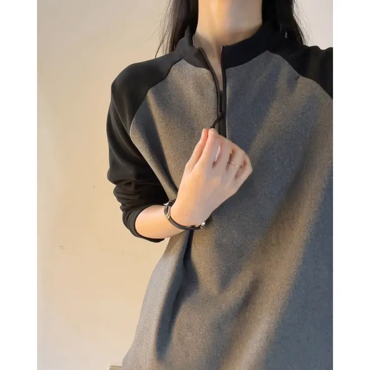 美式半拉链德绒打底衫男款秋冬撞色拼接运动卫衣立领正肩长袖t恤