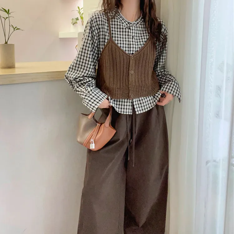 小个子格子长袖衬衫叠穿吊带马甲背心两件套女早秋新款高级感套装