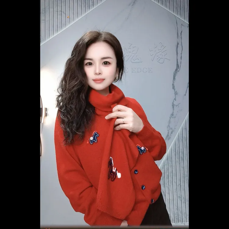 欧货时尚百搭秋冬打底单穿洋气拼色棉羊毛针织六只小马围巾上衣