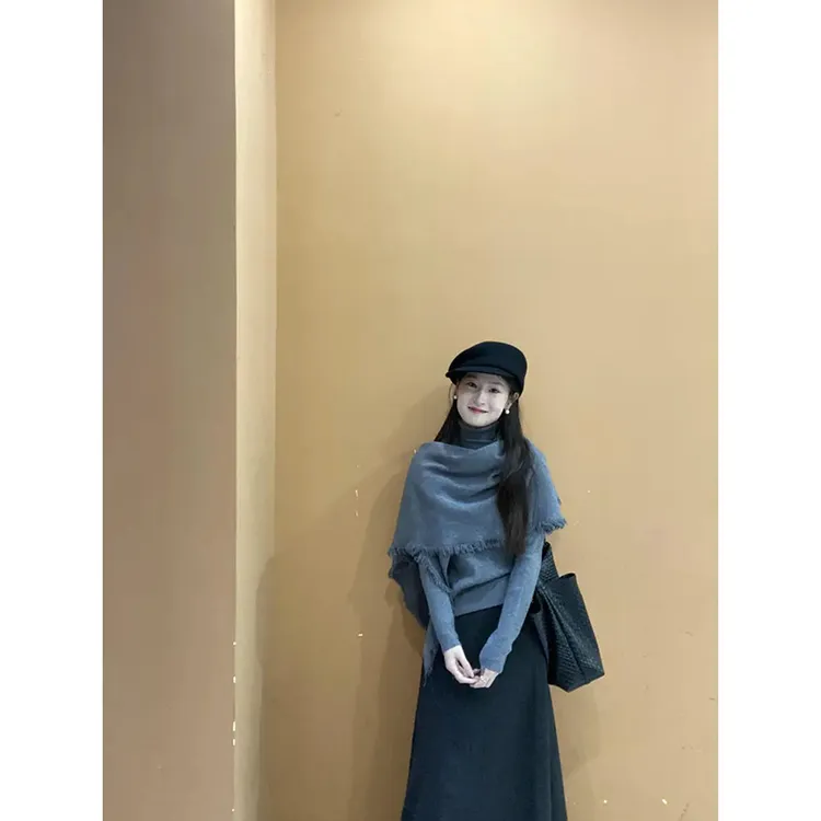 常规气质披肩针织上衣两件套减龄显瘦法式灰色半身裙套装冬季秋冬