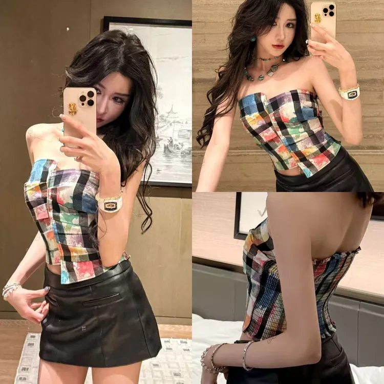 小众扎染设计不对称立体打揽工艺压褶抹胸