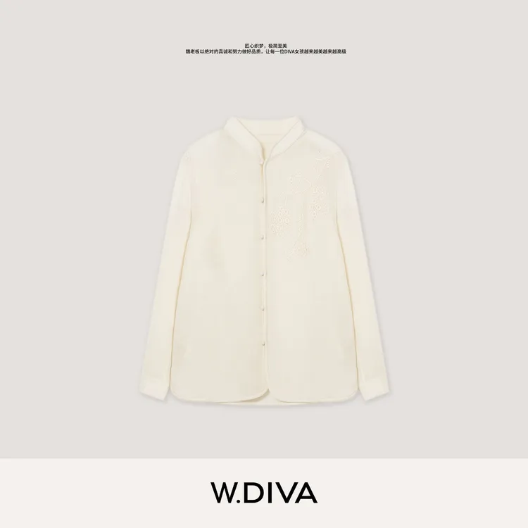 W.Diva【清雅】100%澳洲进口羊毛新中式绣花蘑菇包扣衬衫DWZWCD0162
