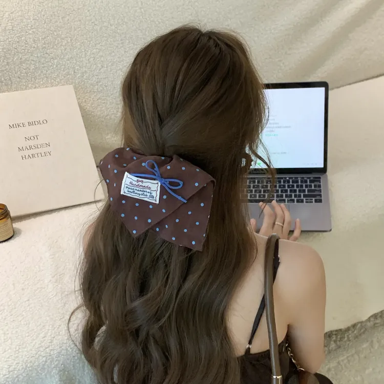 海盐可露丽！波点撞色蝴蝶结方巾发圈温柔气质氛围感发圈发饰女