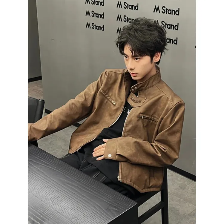 美拉德棕色皮衣外套男春秋美式覆古机车服高级感加厚保暖垫肩夹克