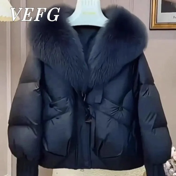 VEFG黑色大毛领百搭棉服女冬季大码胖mm宽松高级感面包服加厚棉衣