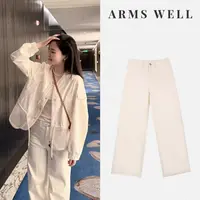 ARMS WELL王囡囡 米白色反穿双口袋设计高腰牛仔直筒裤 S298