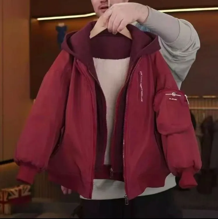 【加绒加厚】男童冬季韩版拉链连帽加厚外套中大童假两件连帽棉服