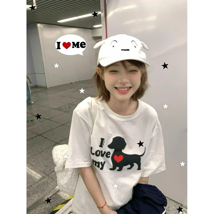 夏季新款趣味卡通小狗白色印花短袖t恤女百搭圆领情侣穿搭上衣