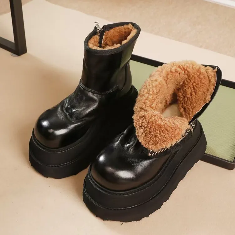 羊毛款34-41码8公分森古原创真皮手工水洗牛皮保暖防滑轻便厚底