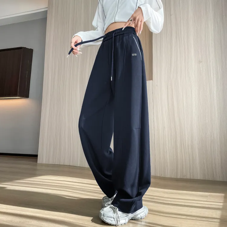 藏蓝色弯刀阔腿裤女2025秋季新款高腰显瘦卫裤休闲香蕉直筒运动裤