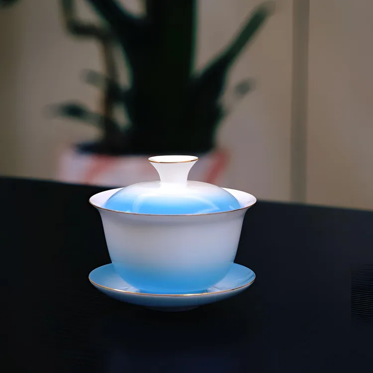 手工渐变蓝描金边骨瓷盖碗薄胎三才盖碗高档中式工夫茶茶具