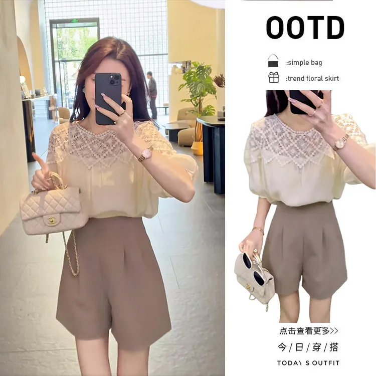 夏季洋气穿搭一整套2025新款设计感拼接短袖衬衫高腰短裤两件套潮