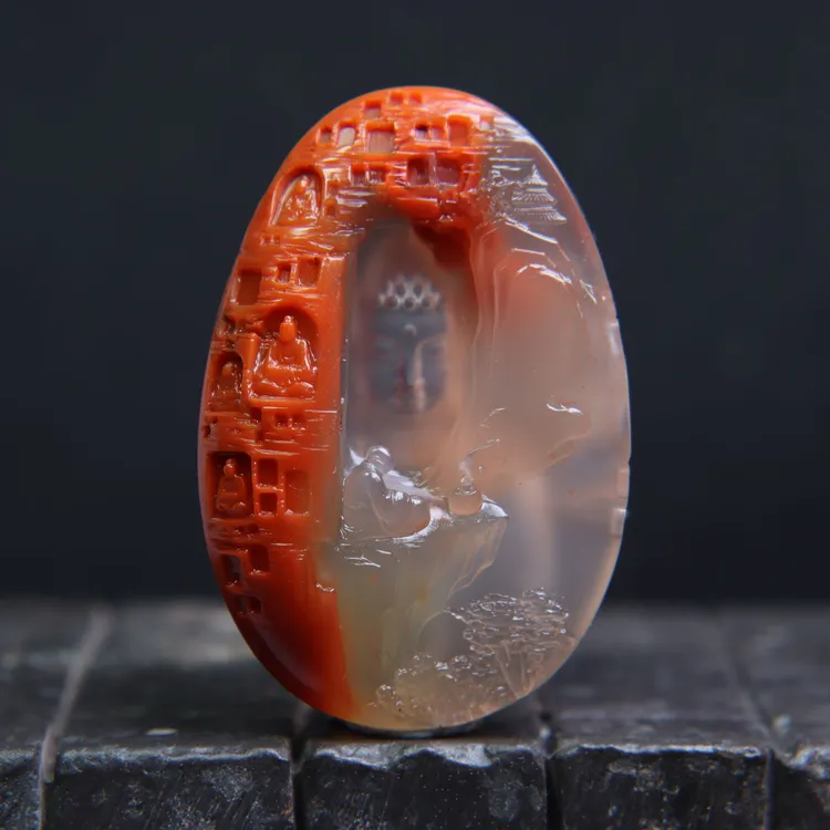 凉山南红阴雕佛窟禅境挂件