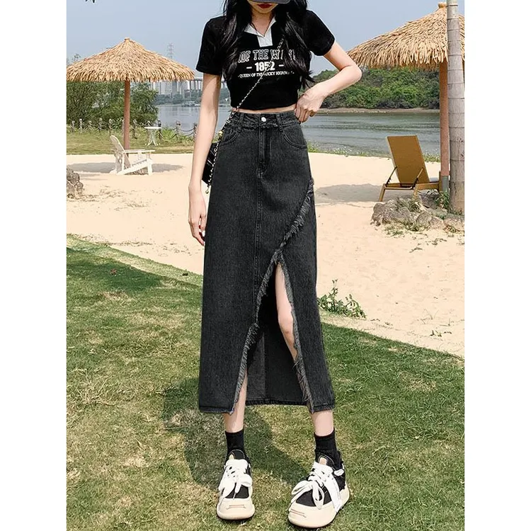 B黑灰高腰显瘦不规则开叉牛仔半身裙2025夏季毛边设计感A字中长裙