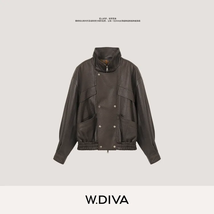 W.Diva【暗格】新西兰进口无涂层磨面绵羊皮显瘦夹克皮衣54C073068