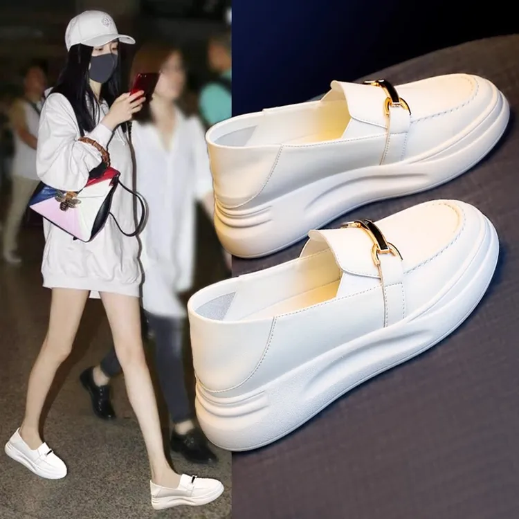 小白鞋女2025春秋新款厚底工作单鞋内增高百搭乐福鞋软底轻奢女鞋