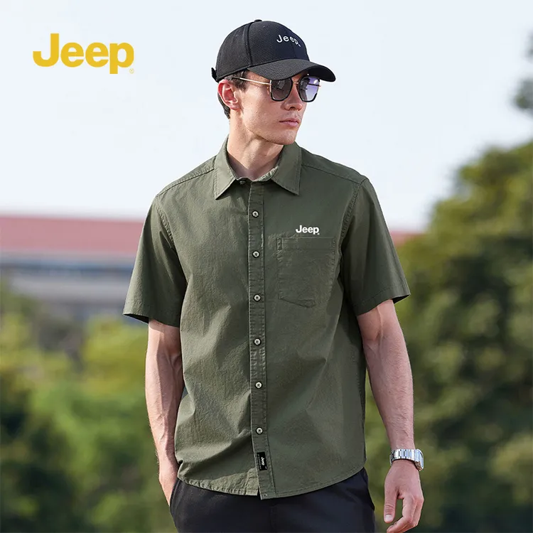 Jeep吉普男士夏季薄休闲宽松翻领复古纯棉纯色工装短袖衬衫