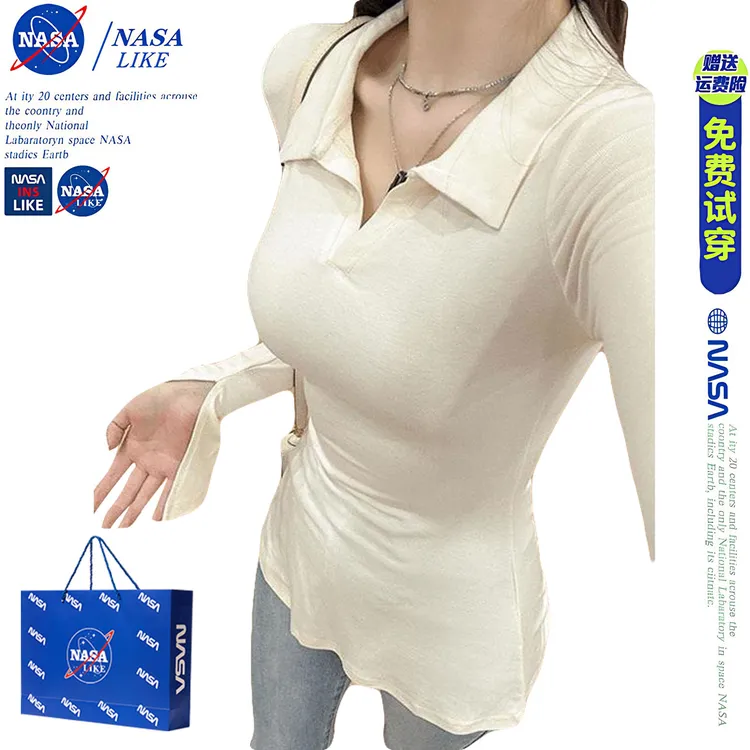 翻领开叉喇叭袖正肩t恤长袖女早秋季新款微胖mm修身显瘦遮肉上衣