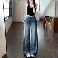 美式复古烫钻低腰牛仔裤女秋季2025新款设计感宽松直筒阔腿长裤子