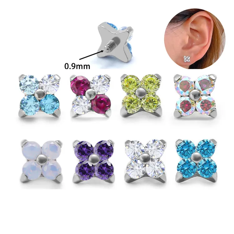 钛合金耳饰 镶钻四叶草耳钉唇钉耳骨钉眉钉锆石F136钛合金养耳洞