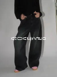 KIOKWANG//人手必入 重工水洗挺括高腰复古阔腿牛仔长裤新款