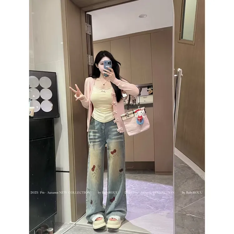 【现货】【kitty收藏家】温与柔初秋ins复古牛仔蝴蝶结Kitty毛织开衫
