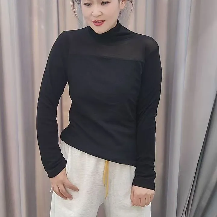 (郑州银基)半高领网纱黑色加绒打底衫女长袖T恤内搭洋气修身