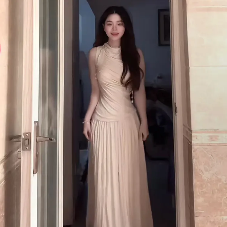 【B Y】白月光约会穿搭温柔修身洋气长裙圆领收腰无袖高腰连衣裙女