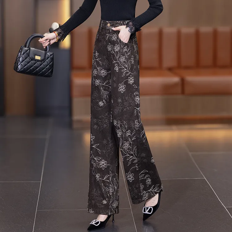 欧货时尚咖色提花图案2025秋季高腰显瘦窄版宽松阔腿直筒牛仔裤女