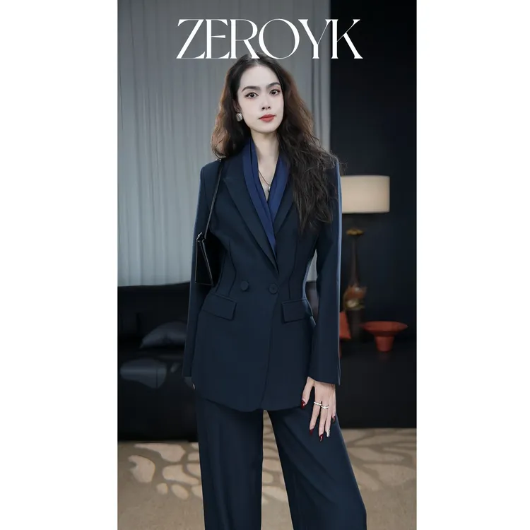ZEROYK藏蓝色职业通勤时尚气质西装长袖直筒裤秋冬款轻奢两件套