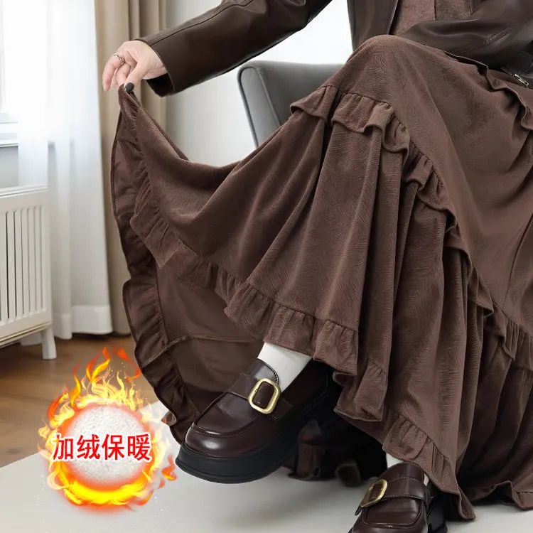 半身裙秋冬长款A字裙加绒加厚金丝绒中长裙松紧腰女装百褶蛋糕裙a