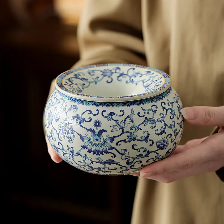 青花缠枝莲米黄汝窑茶洗茶具配件杯洗水洗水盂废水茶渣缸家用建水