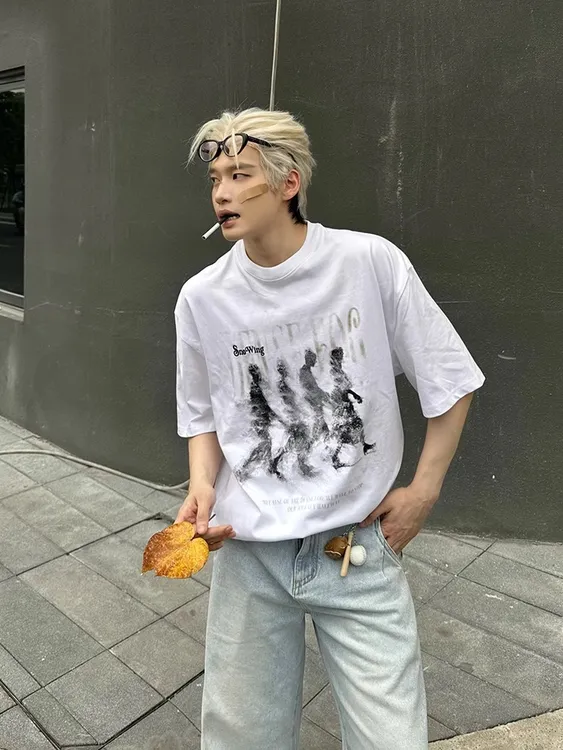 XDYOP 美式做旧模糊人像印花短袖夏季男女宽松休闲街头潮流T恤ins