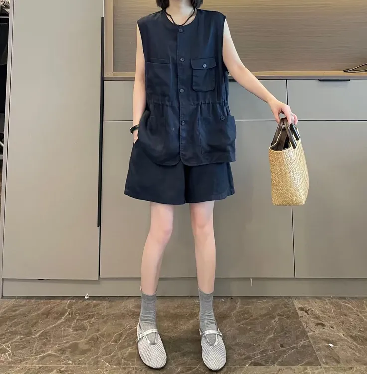 米可/MK-2319LJ【麻料工装风马甲短裤套装】时尚夏季新款两件套