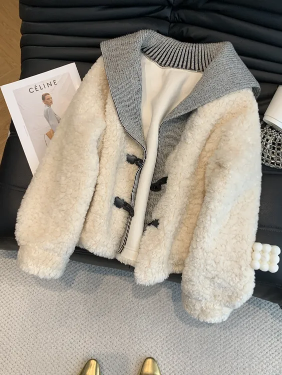 欧货皮毛一体外套女2025秋冬新款毛绒绒高级感大衣拼接设计感上衣