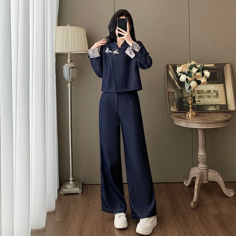 高级感新中式国风套装女2025春秋新款小香风牛仔阔腿裤穿搭两件套