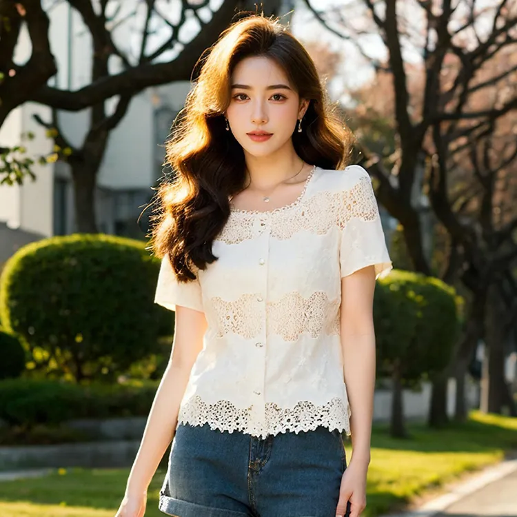奢姿大码女装2025夏季减龄蕾丝镂空时尚衬衫胖妹妹绣花方领上衣