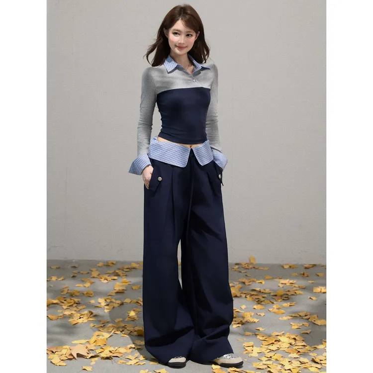 【谢不肉】格子翻领撞色长袖T恤女秋压褶假两件长裤套装50407/50406