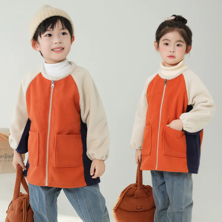 宝宝男女罩衣摇粒绒灯芯绒拉链秋冬可外穿男女幼儿园儿童吃饭围兜