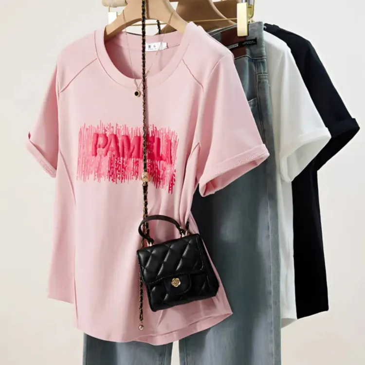 2025夏装新款胖mm显瘦大码女韩版简约百搭正肩印花字母短袖T恤